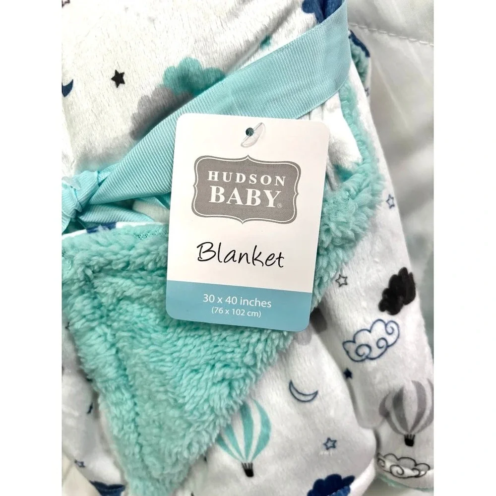 Hudson Baby Aqua Blue Sherpa Hot Air‎ Balloon Blanket Soft Lovey Unisex Clouds
